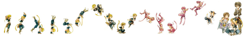 absurdres belt black_eyes black_hair blonde_hair boots brown_hair butz_klauser commentary_request dissidia_final_fantasy final_fantasy final_fantasy_ix final_fantasy_v final_fantasy_viii gloves highres ina_(gonsora) jumping long_image multiple_boys ponytail smile squall_leonhart tail tiptoes trance_zidane_tribal transformation v wide_image zidane_tribal