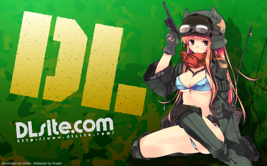 between_breasts bikini boots breasts camouflage cleavage coat dille_blood dlsite.com goggles gun handgun helmet highres mauser_c96 medium_breasts pistol refeia solo swimsuit thigh_boots thighhighs underboob wallpaper weapon widescreen