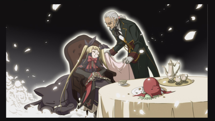 1girl artist_request bat blazblue blazblue:_calamity_trigger blonde_hair bow butler cat chair covering_with_blanket cross cup gii gothic_lolita inverted_cross lolita_fashion long_hair nago official_art rachel_alucard red_bow ribbon sleeping table teacup teapot twintails valkenhayn_r_hellsing vampire