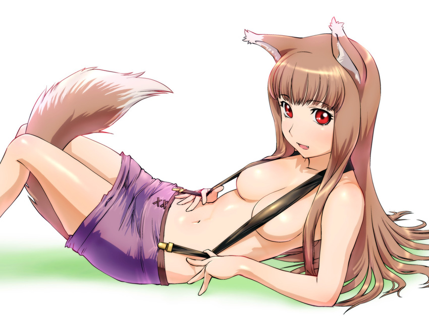 animal_ears breasts brown_hair holo long_hair lying medium_breasts naked_suspenders red_eyes revealing_clothes solo spice_and_wolf suspenders tail topless ueyama_michirou wolf_ears wolf_girl