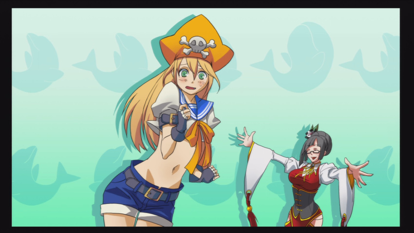 artist_request blazblue blonde_hair blush cosplay denim denim_shorts embarrassed green_eyes guilty_gear hair_ornament lao_jiu litchi_faye_ling midriff multiple_girls noel_vermillion official_art panda pirate shorts