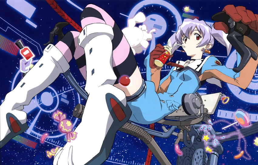 absurdres artist_request candy earrings food highres jewelry purple_hair scan solo striped striped_legwear thighhighs top_wo_nerae_2! twintails tycho_science