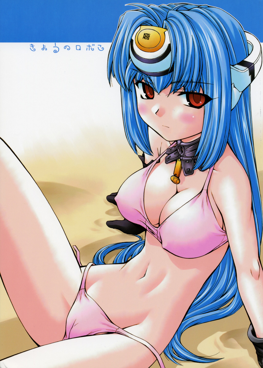 absurdres android beach bikini blue_hair breasts cameltoe collar cover cover_page doujinshi gloves highres kos-mos large_breasts long_hair nakajima_rei nipples red_eyes scan solo swimsuit xenosaga