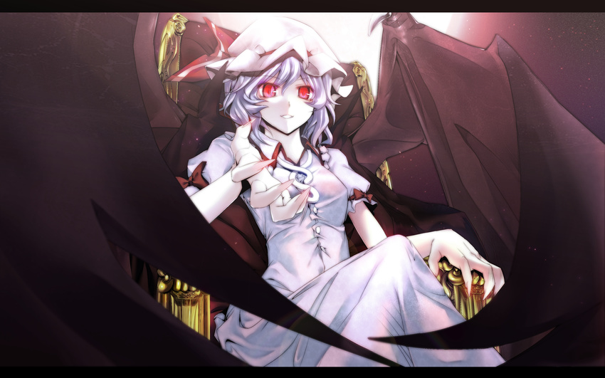 absurdres asskiler bad_id bad_pixiv_id bat_wings beckoning glowing glowing_eyes hat highres lavender_hair red_eyes remilia_scarlet short_hair sitting solo throne touhou wings