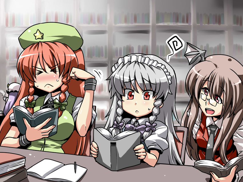 &gt;_&lt; :&lt; alternate_hair_length alternate_hairstyle bespectacled blush book bow braid breasts brown_hair clenched_hand closed_eyes confused glasses hair_bow head_wings highres hong_meiling izayoi_sakuya koakuma large_breasts library long_hair maid_headdress multiple_girls necktie patchouli_knowledge pen reading red_eyes red_hair silver_hair squiggle table touhou tsuki_wani twin_braids voile younger