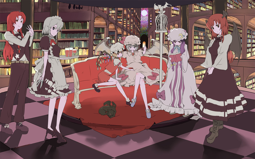 book couch flandre_scarlet highres hong_meiling izayoi_sakuya koakuma library multiple_girls patchouli_knowledge puuakachan remilia_scarlet stained_glass touhou voile wallpaper
