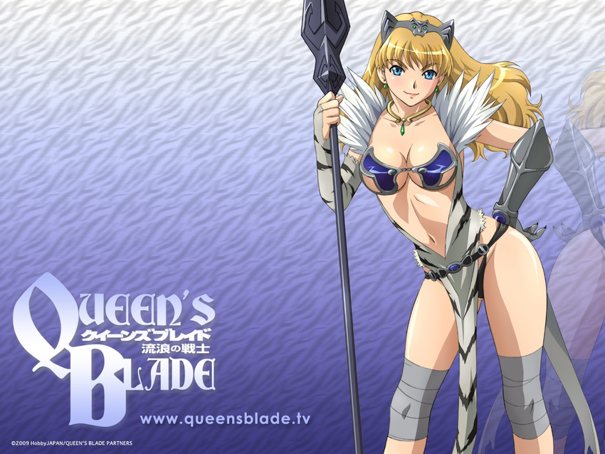 2009 animal_print armor artist_request belt blonde_hair blue_eyes breasts cleavage earrings elina fur gauntlets headdress jewelry large_breasts long_hair midriff navel necklace official_art polearm queen's_blade solo spear tiger_print wallpaper weapon