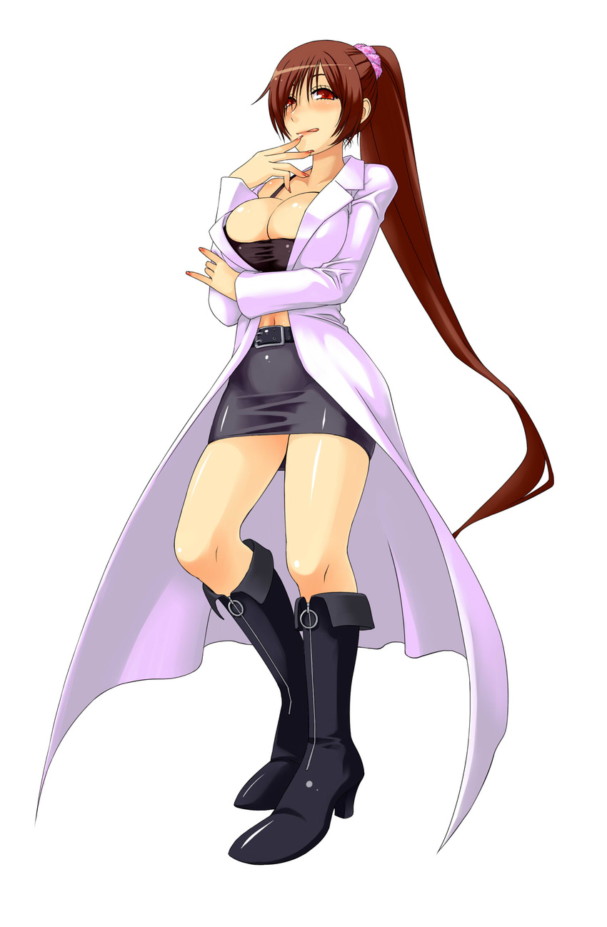 bad_id bad_pixiv_id belt boots breasts brown_hair cleavage coat copyright_request fingernails highres large_breasts long_hair miniskirt nail_polish naughty_face pencil_skirt ponytail red_eyes red_nails shirayuki_usami skirt solo tight tongue very_long_hair