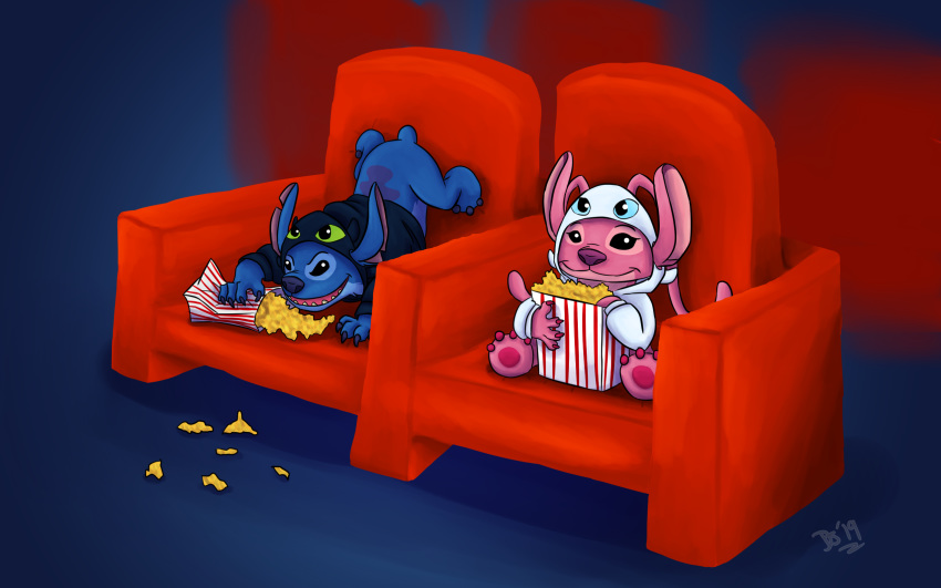 2019 4_fingers 4_toes alien angel_(lilo_&amp;_stitch) antennae back_markings black_eyes blue_claws blue_fur blue_nose bottomless chair claws clothed clothing crossover digital_drawing_(artwork) digital_media_(artwork) disney doctorjock dreamworks duo experiment_(species) eyelashes food fur hi_res how_to_train_your_dragon lilo_and_stitch markings movie_theater notched_ear nubless open_mouth open_smile pawpads pink_body pink_claws pink_pawpads popcorn purple_nose small_tail smile speedpaint stitch toes toothless toothless_hoodie