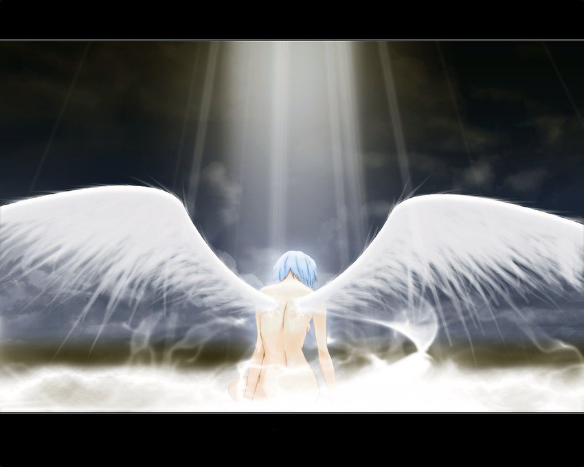 angel_wings ayanami_rei back blue_hair neon_genesis_evangelion nude short_hair sky wings