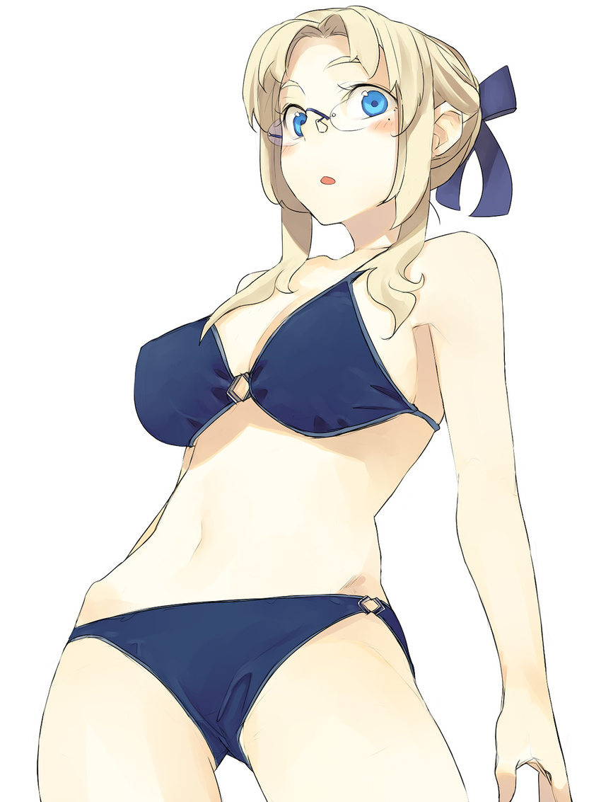 bikini blonde_hair blue_bikini blue_eyes blush breasts glasses hama_(22ji_kara_24ji) highres hip_bones large_breasts long_hair mole mole_under_eye original simple_background solo swimsuit white_background