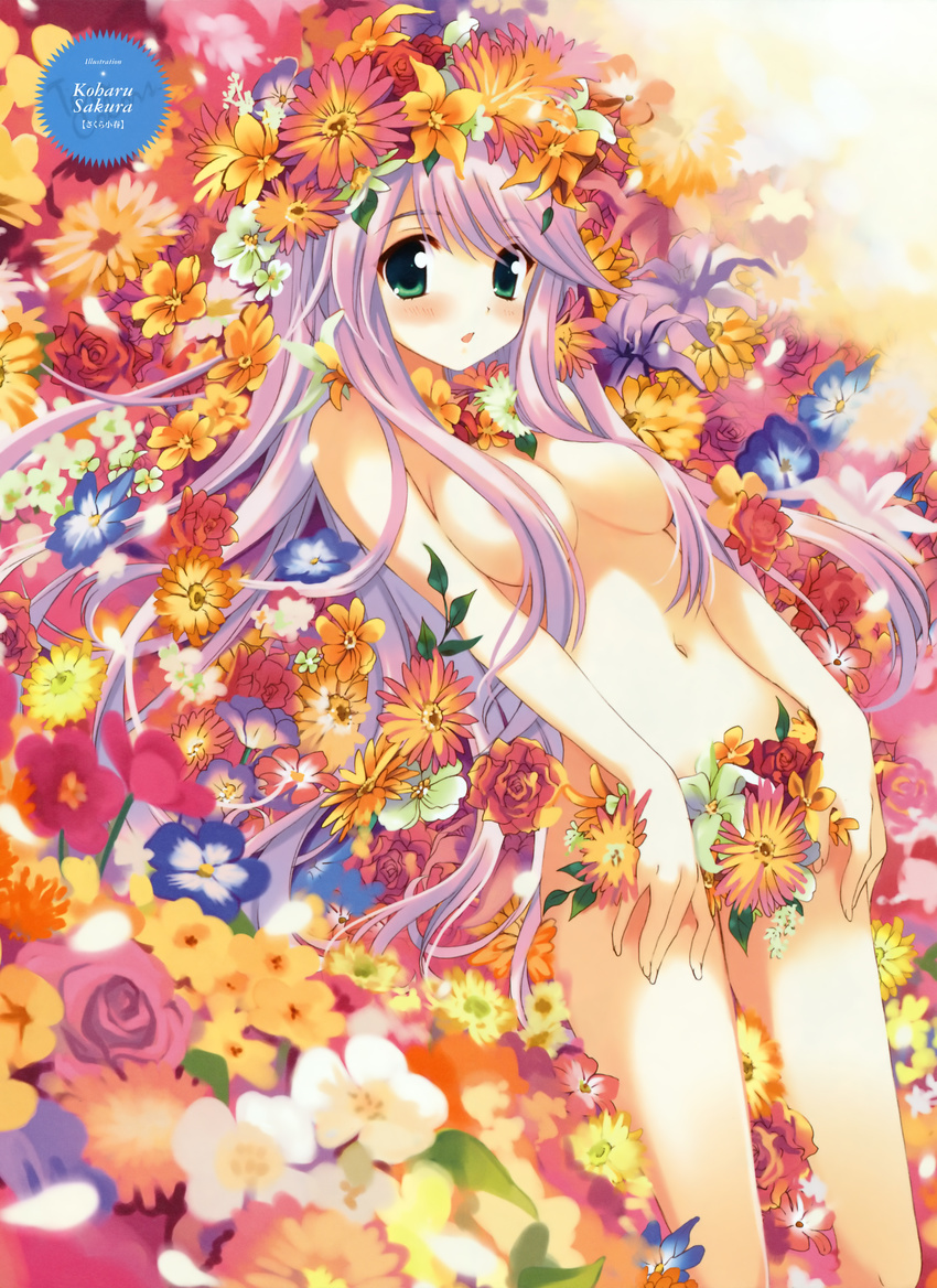 absurdres areola_slip areolae bangs bloom blush breasts chestnut_mouth colorful dengeki_moeou eyebrows_visible_through_hair eyes_visible_through_hair feet_out_of_frame field flower flower_censor flower_field flower_request green_eyes hair_censor hair_over_breasts hair_spread_out head_wreath highres lavender_hair long_hair looking_at_viewer lying medium_breasts navel nude on_back open_mouth orange_flower original outdoors purple_flower red_flower red_rose rose sakura_koharu scan solo swept_bangs too_many too_many_flowers very_long_hair white_flower