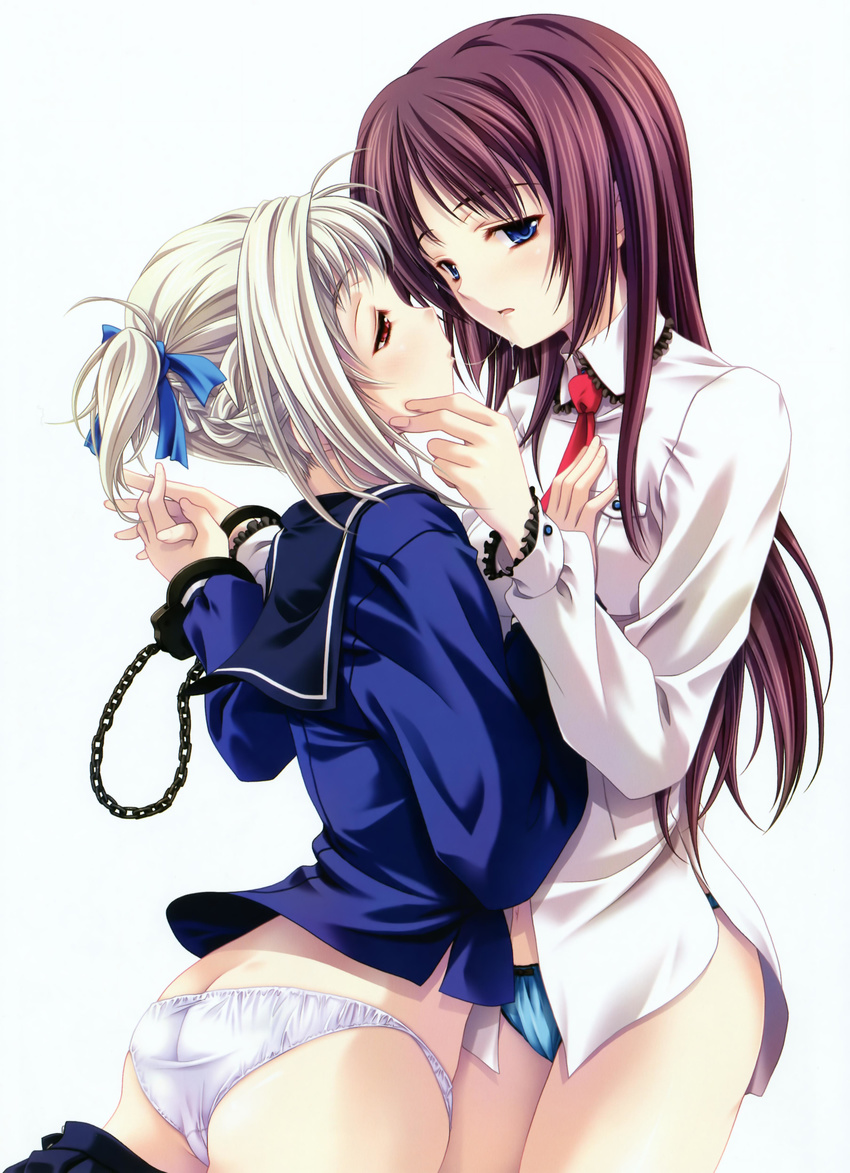 absurdres after_kiss ascot ass bangs blonde_hair blue_eyes braid brown_hair chain character_request chin_grab copyright_request couple cuffs half-closed_eyes handcuffs highres holding_hands long_hair long_sleeves looking_at_another looking_at_viewer miyama-zero multiple_girls no_pants non-web_source panties platinum_blonde_hair profile red_eyes sailor_collar saliva saliva_trail school_uniform serafuku short_hair short_twintails simple_background source_request twintails underwear white_background white_panties yuri