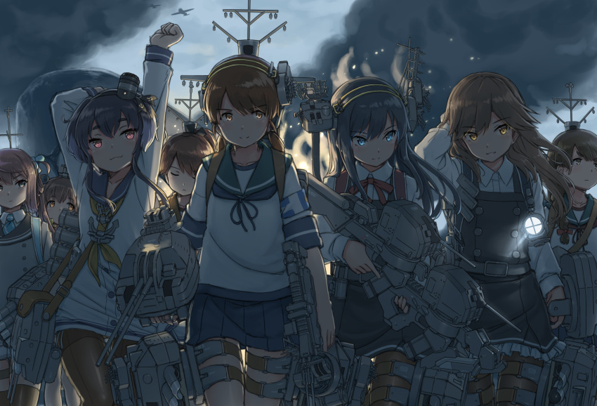 6+girls aircraft airplane anchor anchor_symbol arashio_(kantai_collection) arm_warmers asagumo_(kantai_collection) asashio_(kantai_collection) backpack bag bangs belt black_hair black_legwear blue_eyes blue_neckwear blue_sailor_collar braid brown_eyes brown_hair brown_sailor_collar buttons cannon closed_mouth collarbone collared_shirt commentary dark dress eyebrows_visible_through_hair gradient_hair grey_skirt gun hair_between_eyes hair_flaps hair_over_shoulder hair_ribbon hairband hat hayashi_naoharu headgear headset highres holding kantai_collection loafers long_hair long_sleeves looking_at_viewer low_twintails lowleg_pantyhose machinery mini_hat multicolored_hair multiple_girls neck_ribbon neckerchief open_mouth pantyhose parted_bangs pinafore_dress ponytail randoseru red_ribbon ribbon rigging sailor_collar sailor_dress school_uniform searchlight serafuku shikinami_(kantai_collection) shirayuki_(kantai_collection) shirt shoes short_hair short_hair_with_long_locks short_sleeves short_twintails side_ponytail sidelocks single_braid skirt smile smoke smokestack speaking_tube_headset standing suspenders thigh_strap thighhighs tied_shirt tokitsukaze_(kantai_collection) torpedo torpedo_tubes tress_ribbon turret twintails two_side_up uranami_(kantai_collection) weapon white_shirt yellow_eyes yellow_neckwear yukikaze_(kantai_collection)