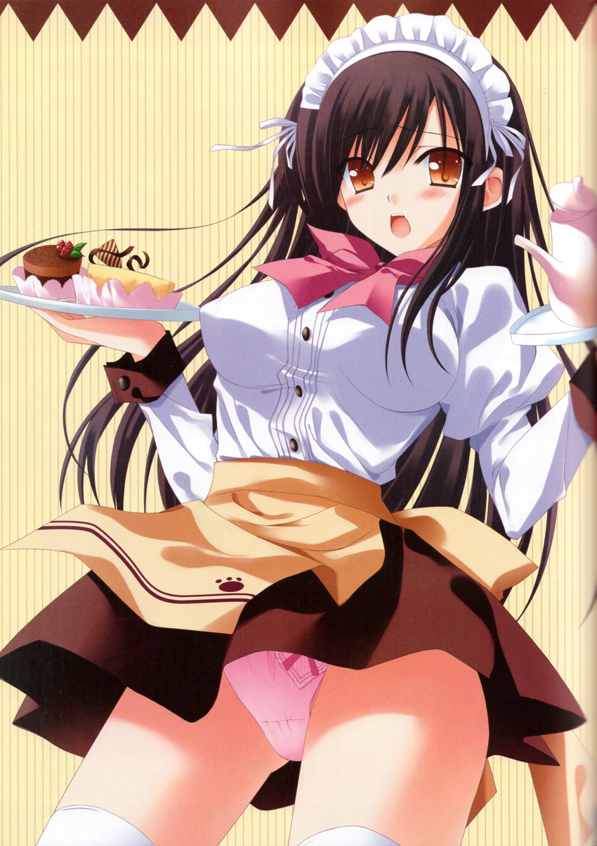 absurdres brown_hair copyright_request highres incredibly_absurdres open_mouth orange_eyes panties pantyshot pink_panties solo thighhighs tray underwear waitress wind wind_lift zinno