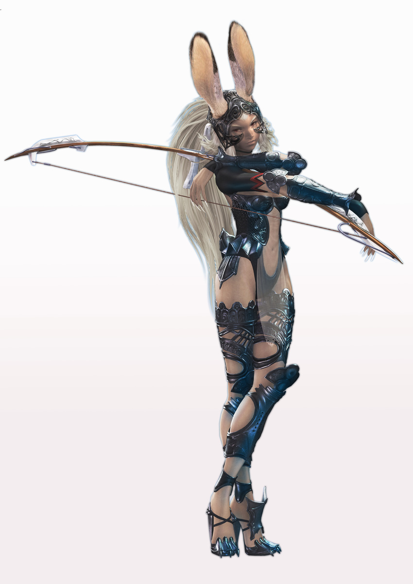 3d absurdres animal_ears armor artist_request black_legwear bow_(weapon) bunny_ears center_opening claws crossed_arms crossed_legs dark_skin detached_sleeves ears_through_headwear final_fantasy final_fantasy_xii fingernails fran full_body helmet high_heels highres leotard loincloth long_fingernails long_hair long_legs midriff navel official_art ponytail red_eyes revealing_clothes see-through shoes simple_background solo standing thighhighs very_long_hair viera weapon white_hair