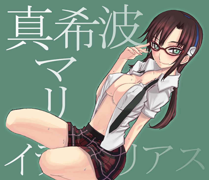 adjusting_eyewear blue_eyes breasts brown_hair covered_nipples evangelion:_2.0_you_can_(not)_advance glasses green_eyes headband highres large_breasts legs low_twintails makinami_mari_illustrious nagy necktie neon_genesis_evangelion no_bra open_clothes open_shirt plaid plaid_skirt rebuild_of_evangelion school_uniform shirt skirt smile solo sweat twintails unbuttoned