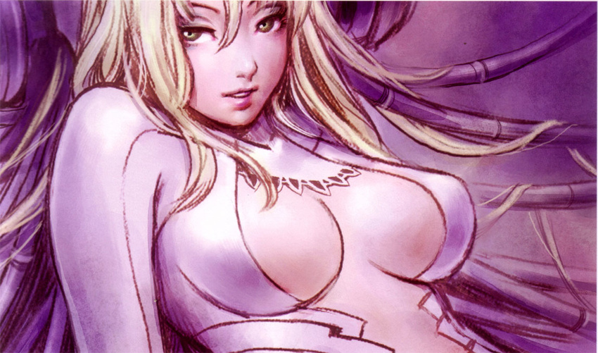 blonde_hair bodysuit breasts cable copyright_request green_eyes large_breasts lips long_hair solo underboob yamashita_shun'ya