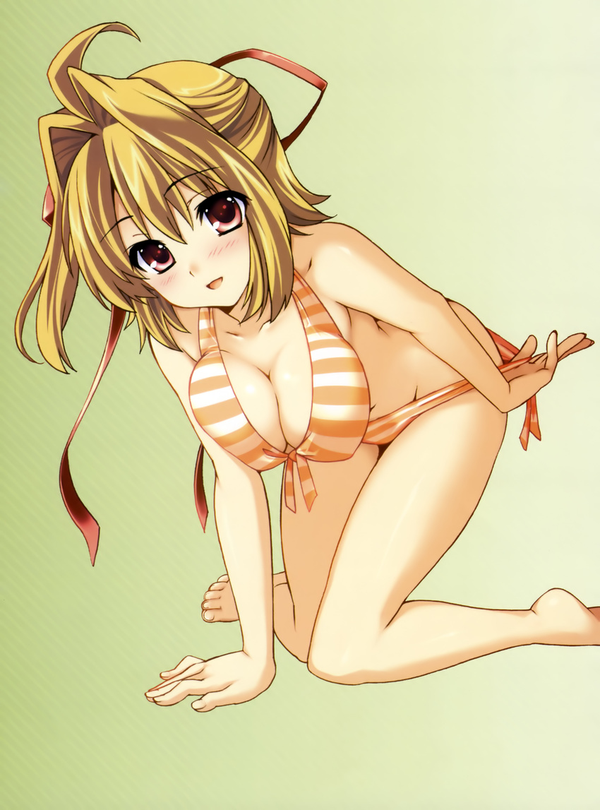 absurdres ahoge all_fours ayase_nazuna barefoot bikini bikini_pull blonde_hair blush breasts cleavage face front-tie_top hair_intakes hair_ribbon hands highres large_breasts orange_pocket pulled_by_self red_eyes ribbon smile solo striped striped_bikini swimsuit takeda_hiromitsu undressing