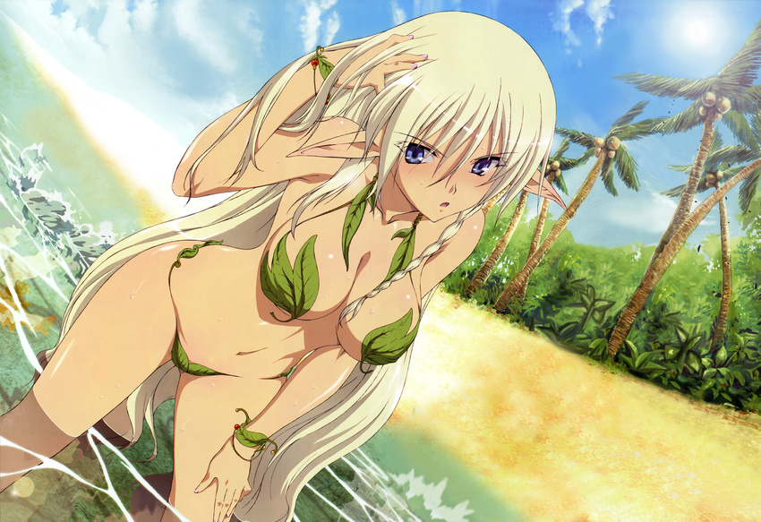 :o absurdres alleyne_(queen's_blade) angry arm_up armpits bangs beach bikini blue_eyes blush bracelet braid breasts bush cleavage cloud coconut day dutch_angle elf foliage hair_between_eyes hair_over_breasts hand_in_hair hand_on_own_head hand_on_thigh highres jewelry large_breasts leaf leaf_bikini leaning_forward long_hair long_pointy_ears looking_at_viewer megami miyazawa_tsutomu navel non-web_source official_art open_bikini open_clothes open_mouth outdoors palm_tree pointy_ears queen's_blade reflection side_braid sidelocks silver_hair sky solo standing sun swimsuit third-party_edit tree very_long_hair wading water wet