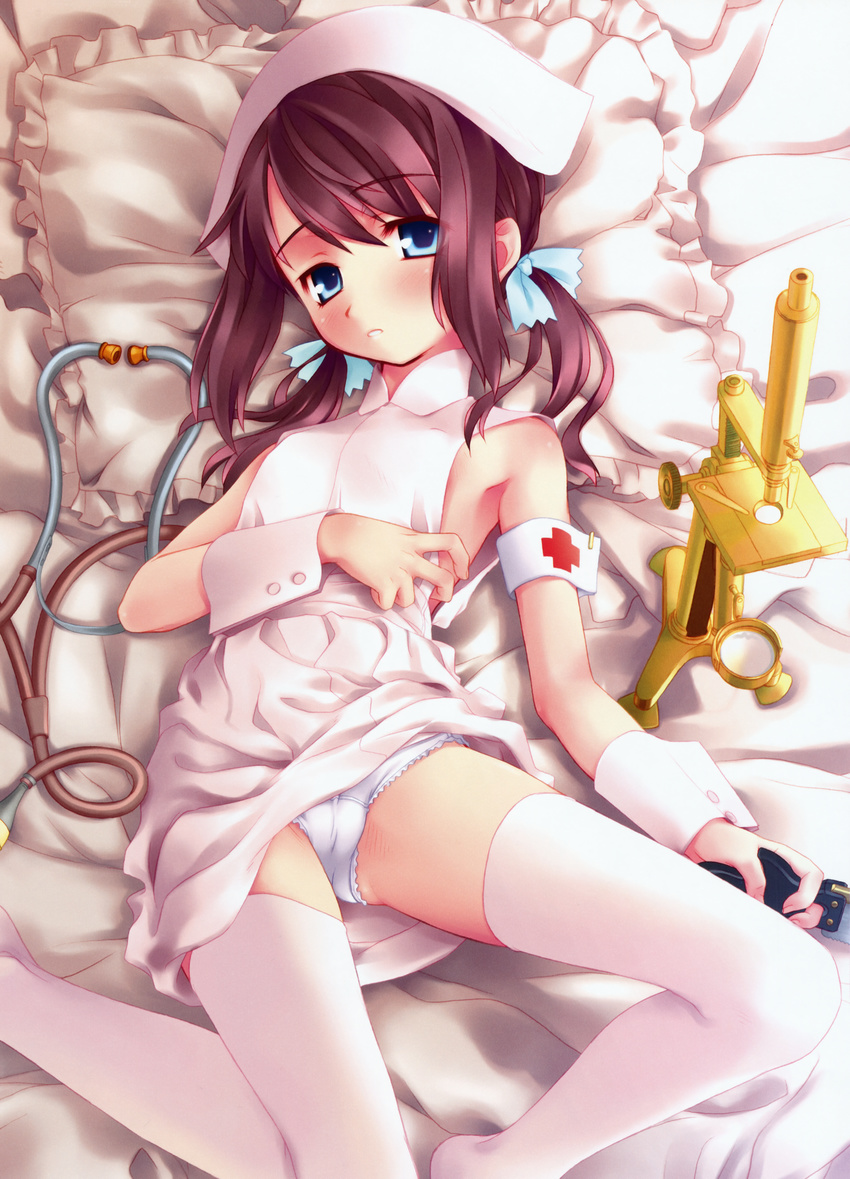 absurdres aoi_kumiko armband bed black_hair blue_eyes cameltoe copyright_request flat_chest frilled_pillow frills highres huge_filesize lying microscope nurse panties pillow solo thighhighs twintails underwear uniform upskirt white_panties wrist_cuffs