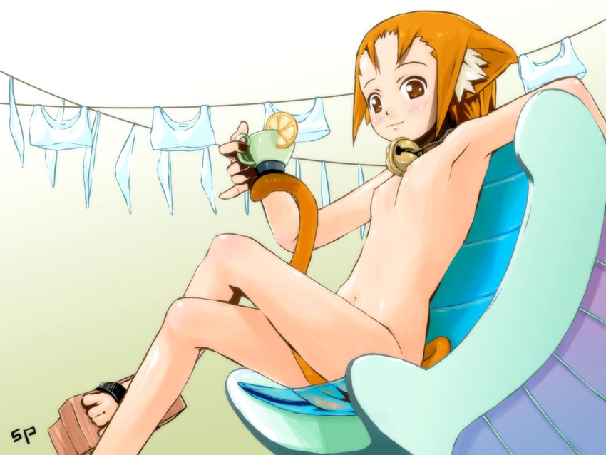 animal_ears armpits bell bell_collar brown_eyes cat_ears cat_tail chair collar crop_top cup drink flat_chest food fruit geta laundry lemon nipples nude orange_hair original panties pinky_out short_hair solo supopo tail underwear