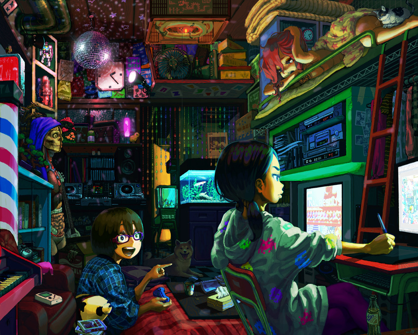 adobe_photoshop anatomy barber_pole bunny_vibrator cassette_player cat censored clock computer controller crt cup_ramen disco_ball dog drawing_tablet electric_guitar fanta fish_tank game_boy game_controller gamepad glasses guitar gundam handheld_game_console hood hoodie instrument jon_taira kotatsu lava_lamp mixing_console mosaic_censoring multiple_girls original pajamas panda piano playing_games poke_ball pokemon recursion room rx-78-2 shiba_inu space_invaders street_fighter street_fighter_iii_(series) table television topless vibrator