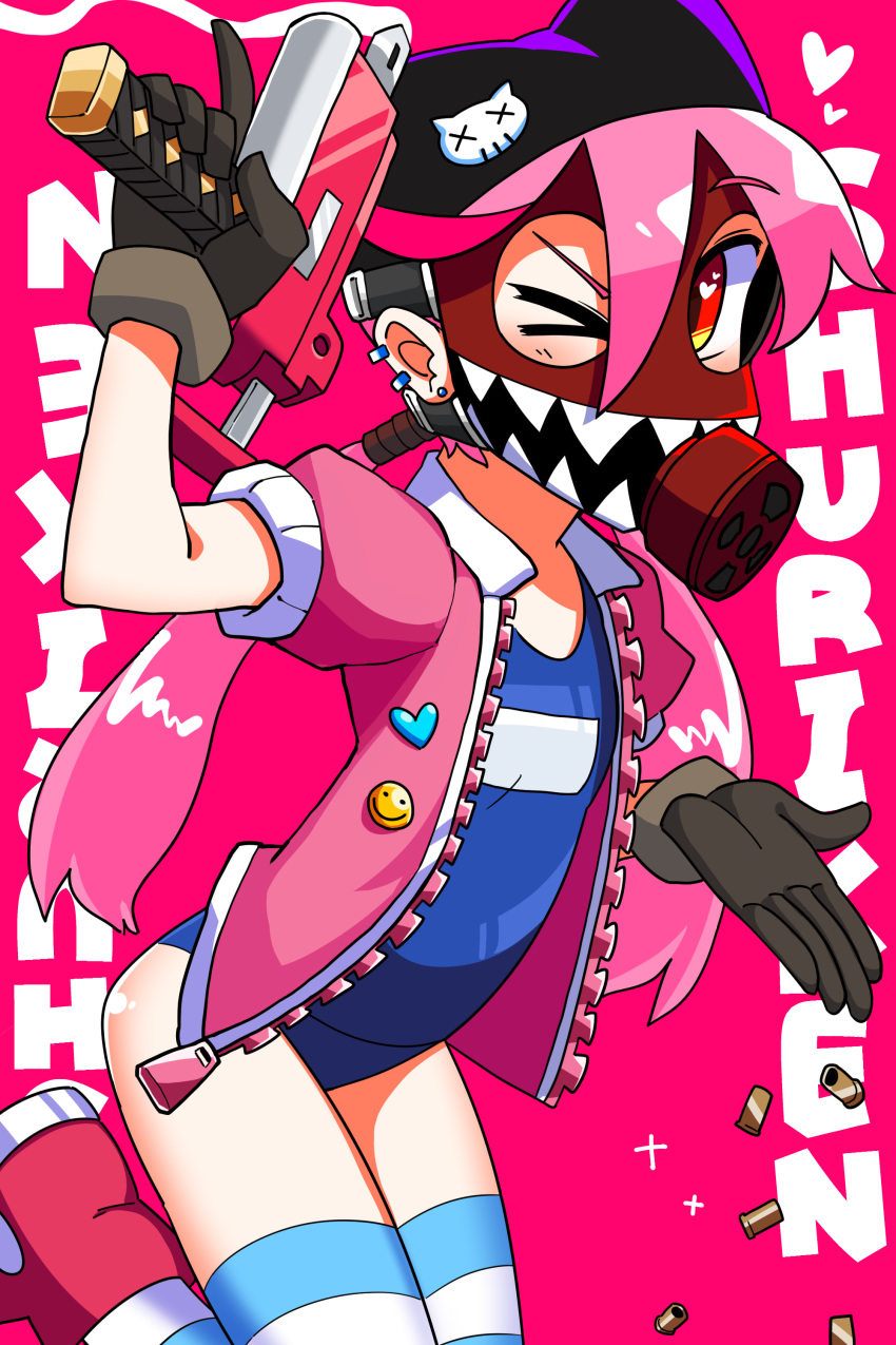 &gt;_o 1girl ;d absurdres animal_hat background_text bangs beanie blue_swimsuit boots brown_gloves cat_hat commentary_request english_text eyebrows_visible_through_hair gas_mask gloves gun hair_between_eyes hat heart heart_in_mouth highres holding holding_gun holding_weapon jacket korean_commentary lkll long_hair looking_at_viewer low_ponytail old_school_swimsuit one_eye_closed open_clothes open_jacket open_mouth original pink_background pink_hair pink_jacket purple_hat red_eyes red_footwear school_swimsuit shell_casing short_sleeves simple_background smile solo standing standing_on_one_leg striped striped_legwear swimsuit swimsuit_under_clothes thighhighs very_long_hair weapon weapon_request x_x
