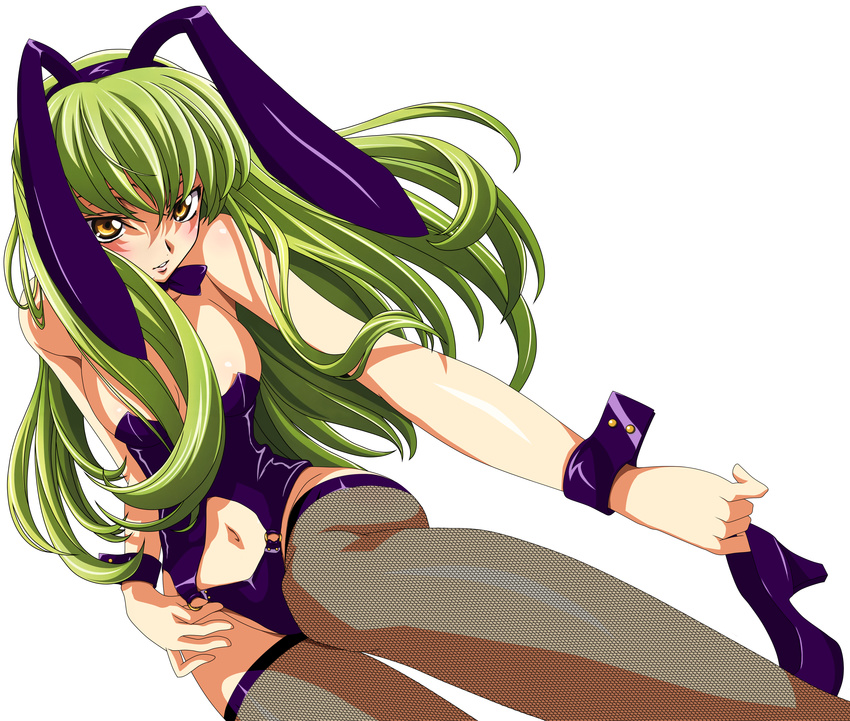 absurdres animal_ears ass blush breasts bunny_ears bunnysuit c.c. cleavage code_geass fishnet_legwear fishnets green_hair high_heels highres kimura_takahiro long_hair long_legs md5_mismatch medium_breasts naughty_face shoes smile solo sweat thighhighs third-party_edit vector_trace wrist_cuffs