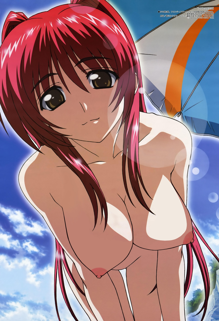all_fours beach breasts brown_eyes cleavage cloud day hanging_breasts highres kousaka_tamaki large_breasts lens_flare long_hair megami non-web_source nude nude_filter outdoors pinup red_hair scan sky smile solo thigh_gap third-party_edit to_heart_2 to_heart_2_ad umbrella very_long_hair yanagisawa_masahide