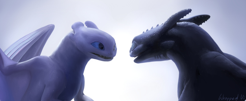 2019 blue_eyes digital_media_(artwork) dragon duo feral how_to_train_your_dragon membranous_wings night_fury nubless simple_background teeth toothless white_background wings wrappedvi
