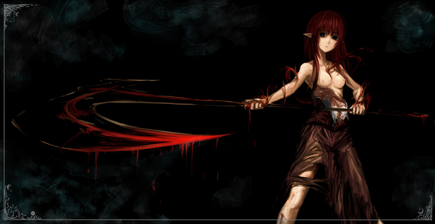 blood brown_eyes fantasy highres kotoba_noriaki original pointy_ears red_hair scythe solo torn_clothes