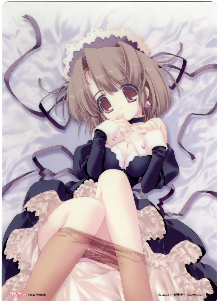 absurdres bed breasts brown_eyes brown_hair choker cleavage copyright_request dress earrings highres jewelry lingerie maid maid_headdress medium_breasts oono_tetsuya panties pantyhose pantyhose_pull petticoat ribbon satin satin_sheets solo underwear
