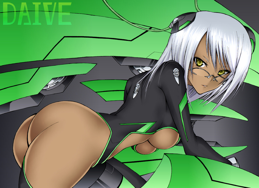 ass bodysuit breasts daive dark_skin glasses large_breasts original solo thighhighs underboob white_hair yellow_eyes
