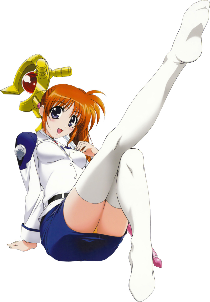 absurdres blue_skirt brown_hair highres jacket leg_lift lyrical_nanoha mahou_shoujo_lyrical_nanoha_strikers military military_uniform miniskirt non-web_source okuda_yasuhiro orange_panties panties pantyshot pencil_skirt purple_eyes raising_heart skirt solo takamachi_nanoha thighhighs transparent_background tsab_air_military_uniform underwear uniform white_jacket white_legwear