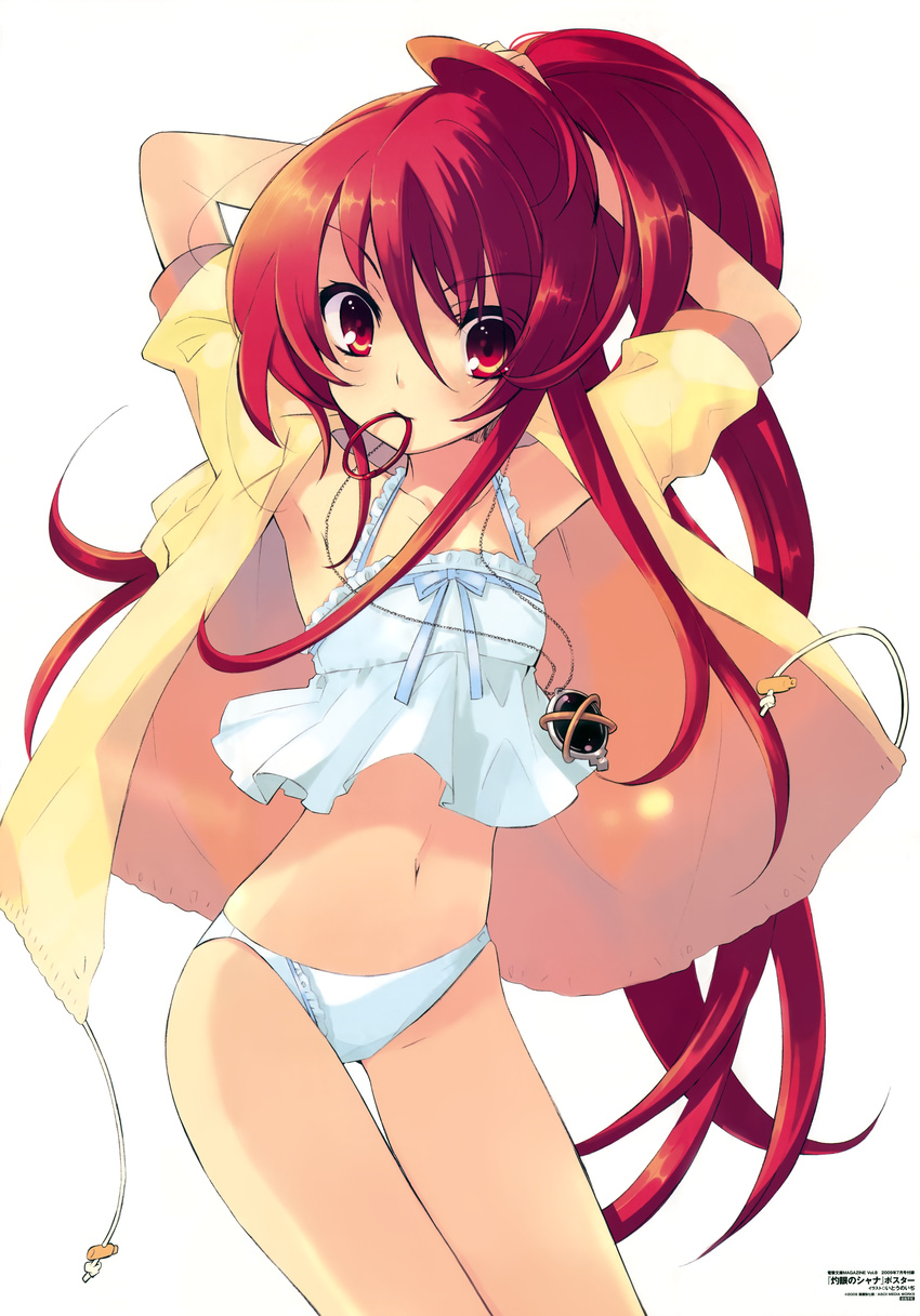 absurdres adjusting_hair alastor_(shakugan_no_shana) armpits camisole flat_chest highres huge_filesize incredibly_absurdres itou_noiji jewelry lingerie long_hair mouth_hold navel no_pants open_clothes open_shirt panties pendant ponytail red_eyes red_hair shakugan_no_shana shana shirt solo underwear