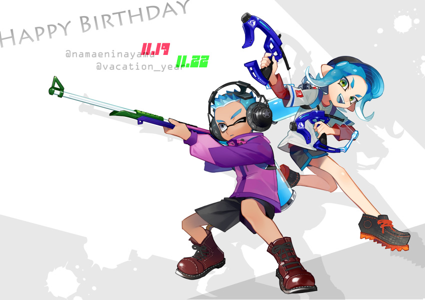 1boy 1girl :d black_footwear black_hat black_pants black_shorts blue_eyes blue_hair blue_tongue boots brown_footwear capri_pants closed_mouth cross-laced_footwear dapple_dualies_(splatoon) dark_skin dark_skinned_male domino_mask dual_wielding full_body green_eyes happy_birthday hat holding ink_tank_(splatoon) inkling jacket lace-up_boots long_hair looking_at_viewer mask o_(maru14mori) octarian octoling one_eye_closed open_mouth paint_splatter pants pointy_ears purple_jacket shoelaces shoes short_hair shorts silhouette silver_eyes smile splat_charger_(splatoon) splatoon splatoon_(series) splatoon_2 suction_cups teeth tentacle_hair twitter_username