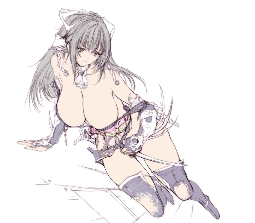 boots breasts cleavage huge_breasts original q_azieru solo sword thigh_boots thighhighs weapon