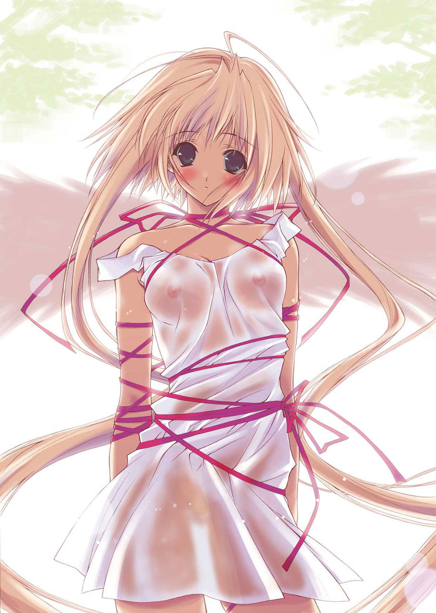 blonde_hair blush character_request highres long_hair looking_at_viewer nipples ribbon see-through
