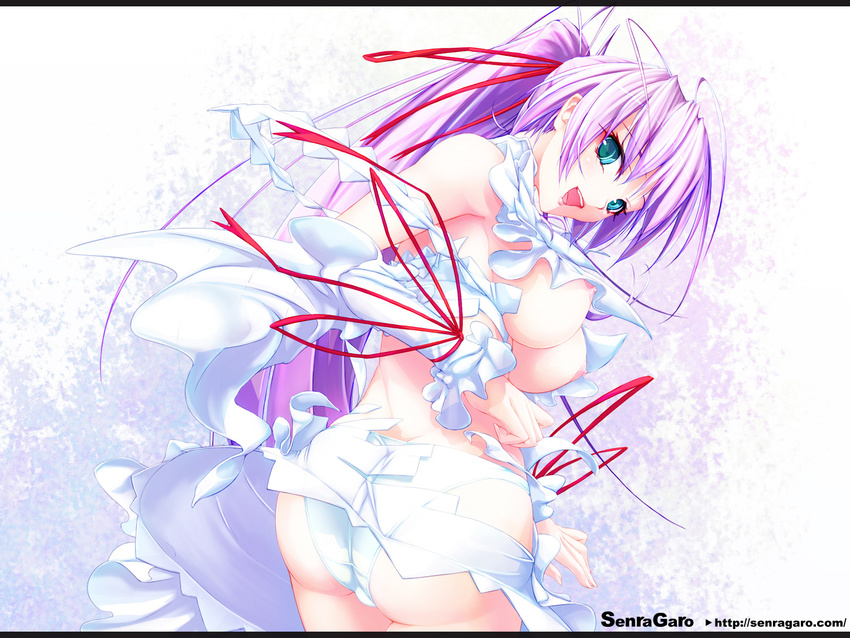 al_azif aqua_eyes ass breasts demonbane detached_sleeves hair_ribbon highres large_breasts long_hair looking_back no_bra open_mouth panties ponytail purple_hair ribbon solo spiral_(senra_garou) underboob underwear very_long_hair white_panties