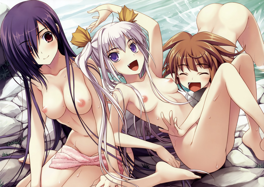 :d ^_^ absurdres amakura barefoot breasts chizumi_(toppara) closed_eyes fang hair_over_one_eye highres huge_filesize large_breasts medium_breasts mikage_(toppara) multiple_girls navel nipples nude open_mouth purple_eyes sachiko_(toppara) smile toppara towel twintails wet