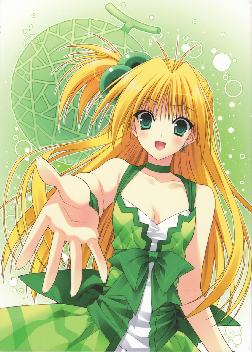 :d absurdres akikan! back_bow bangs bare_arms bare_shoulders blonde_hair blush bow breasts breasts_apart choker cleavage collarbone dress dress_bow food fruit green green_background green_bow green_choker green_dress green_eyes hair_bobbles hair_intakes hair_ornament highres jewelry large_bow long_hair looking_at_viewer melon melon_(akikan) open_mouth reaching_out scan shiny shiny_hair side_ponytail simple_background single_earring sleeveless sleeveless_dress small_breasts smile solo suzuhira_hiro very_long_hair
