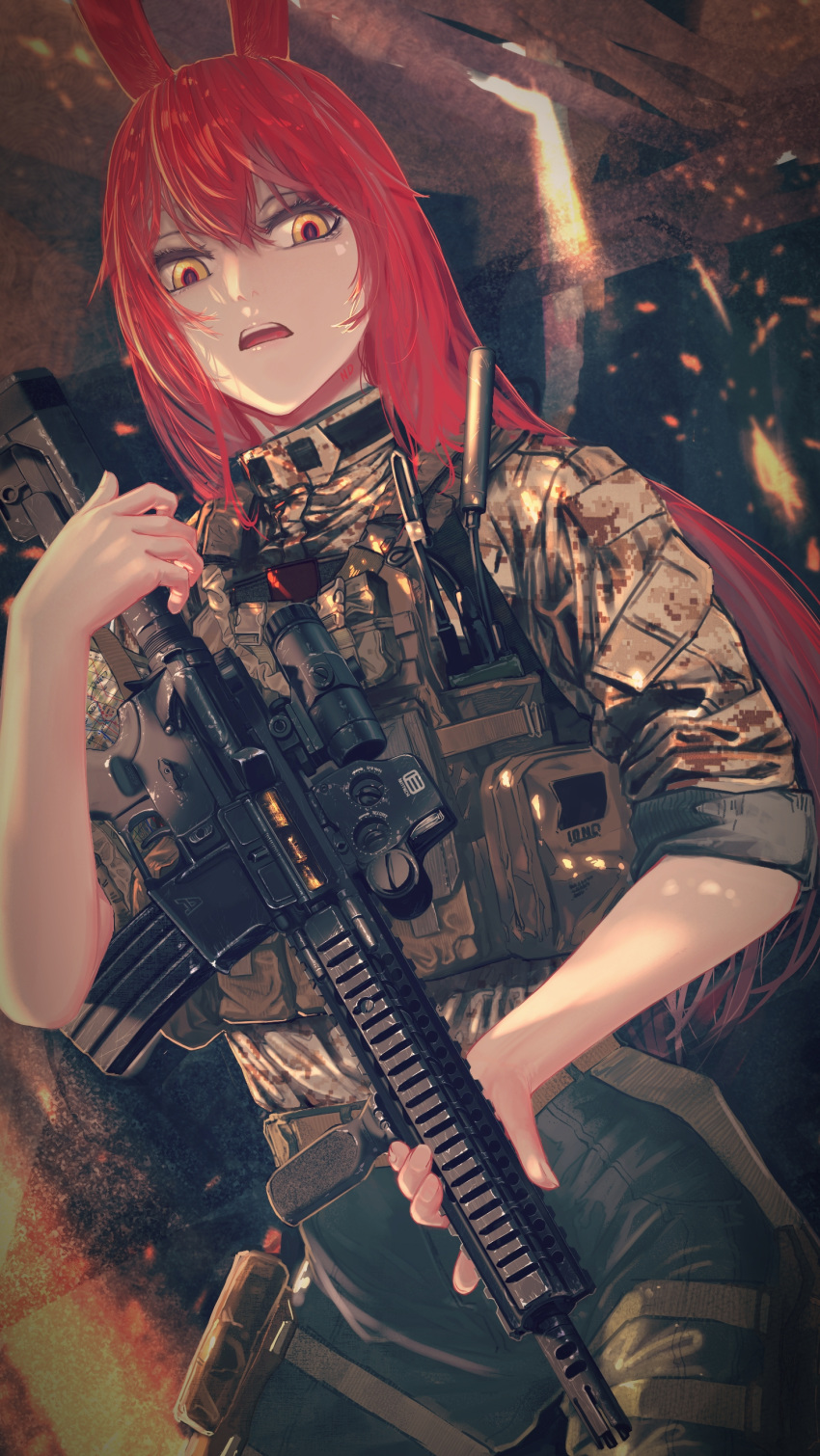 1girl absurdres animal_ears assault_rifle bunny_ears camouflage commentary_request foregrip gesugao gun highres holding holding_gun holding_weapon load_bearing_vest long_hair m4_carbine military nurim original red_hair rifle solo weapon yellow_eyes