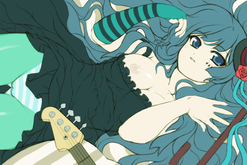 akiyama_mio bad_id bad_pixiv_id bass_guitar breasts don't_say_"lazy" gloves green_legwear instrument k-on! large_breasts mini_koala nipple_slip nipples panties panties_under_pantyhose pantyhose pantyshot single_glove solo striped striped_panties underwear upskirt