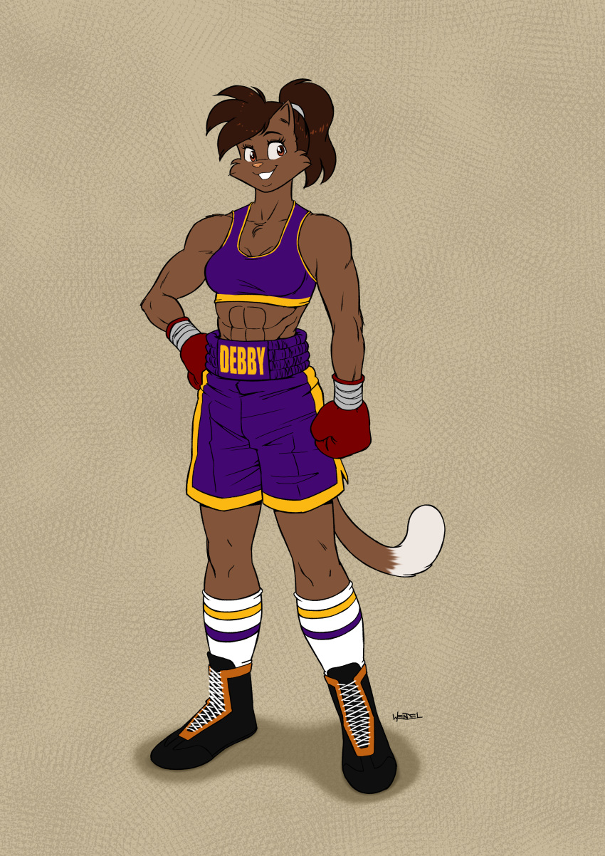 abs big_muscles boxer_(disambiguation) boxing brown_hair chest_tuft deborah_bispo domestic_cat felid feline felis female hair looking_at_viewer mammal muscular muscular_female sport tuft wendel_fragoso