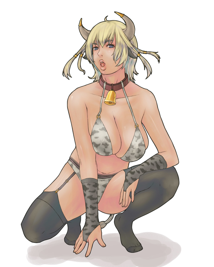 alva animal_ears animal_print bell bell_collar blonde_hair blue_eyes breasts cleavage collar cow_ears cow_print feet garter_belt garters hands highres horns large_breasts lingerie original short_hair solo thighhighs underwear