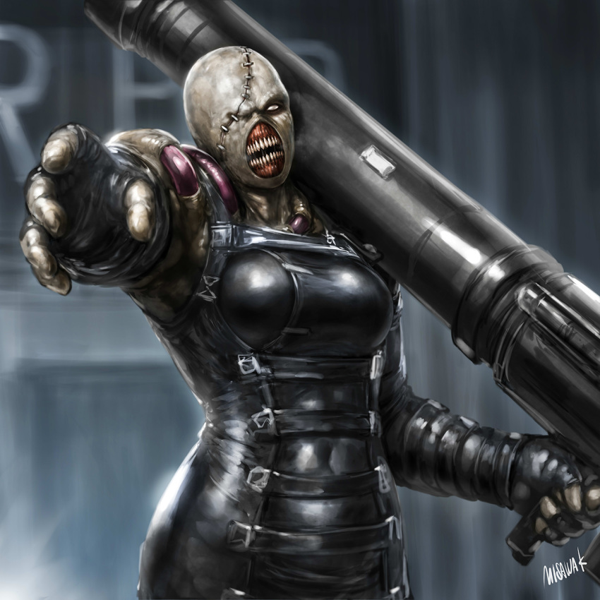 1girl bald bald_girl bodysuit breasts fingerless_gloves genderswap genderswap_(mtf) gloves highres holding holding_weapon huge_weapon large_breasts leather misawa_kei monster_girl nemesis no_pupils one-eyed reaching_out resident_evil resident_evil_3 signature silver_eyes skin_tight solo standing stitches weapon zombie