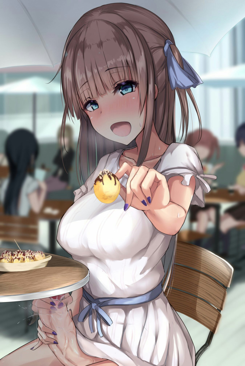 1futa akiamare blue_eyes blush breasts brown_hair clothed cum cum_on_food cumdrip curvy dress dress_lift erection erection_under_clothes erection_under_dress eyebrows_visible_through_hair feeding food futanari hair_ornament highres incoming_food large_breasts long_hair looking_at_viewer masturbation multiple_penises nail_polish no_panties open_mouth original penis penis_grab penis_under_clothes penises_touching pov pov_feeding public public_masturbation sitting stealth_masturbation tied_hair