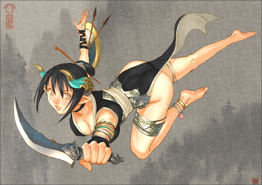 anklet ariverkao ass barefoot black_hair bracelet breasts brown_eyes choker cleavage dagger feet foreshortening hands horns jewelry knife legs lips no_panties original pointy_ears ponytail see-through shield solo thighlet weapon
