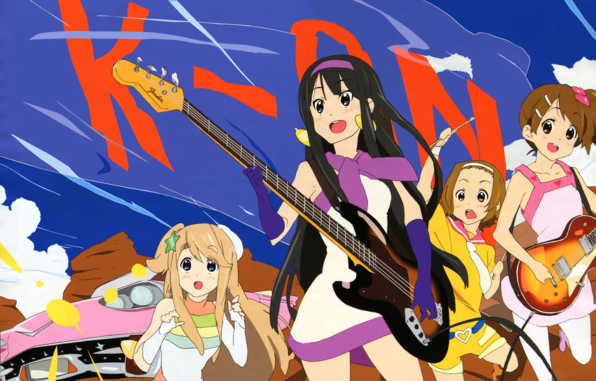 absurdres akiyama_mio bass_guitar black_eyes black_hair blonde_hair blue_eyes brown_eyes brown_hair cadillac car casual detexted drumsticks elbow_gloves fuwafuwa_time gloves ground_vehicle guitar hairband highres hirasawa_yui instrument ishidate_taichi k-on! kotobuki_tsumugi long_hair mod_fashion motor_vehicle multiple_girls official_art pantyhose short_hair tainaka_ritsu third-party_edit very_long_hair white_legwear